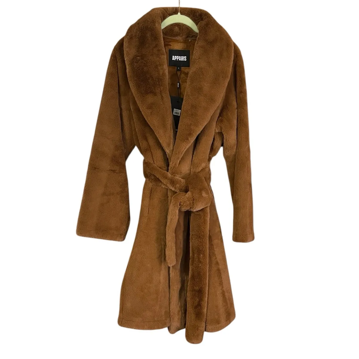 APPARIS Women's Faux Fur Vegan Belted Coat in Camel Size Large NWT MSRP $340 Brown - Image 2