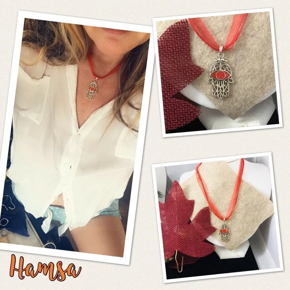 Solid Sterling Silver Hamza Red  Coral Pendant Necklace - Image 3