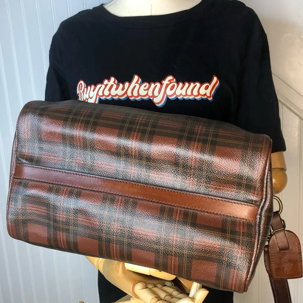 RALPH LAUREN Brown Green Tartan Plaid Boston Weekend Travel Duffle Bag Speedy - Image 6