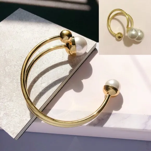 Gold Asymmetry Layered Pearl Bangle and Ring Set - Image 2