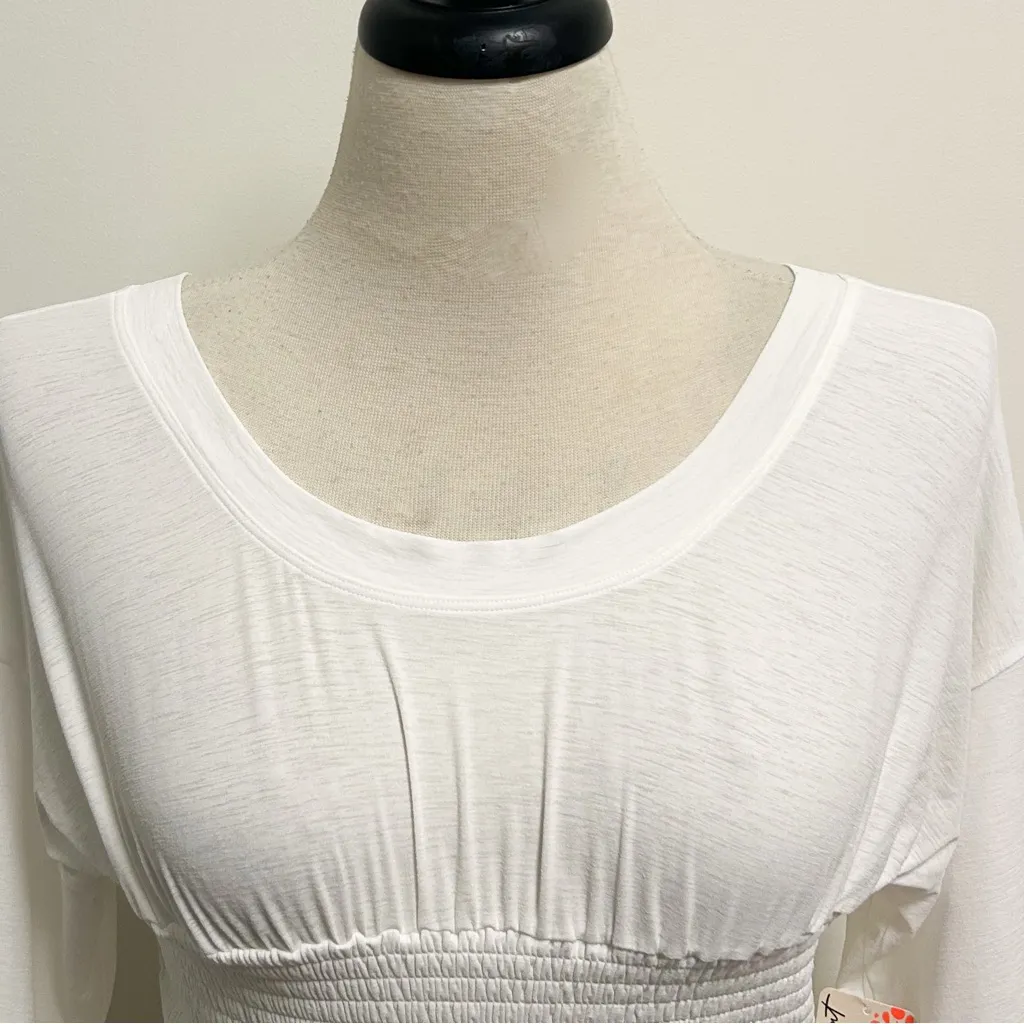 Free People Movement White Smocking Hot Wide Neck Open Back Short Sleeve Top New Size M - Image 2