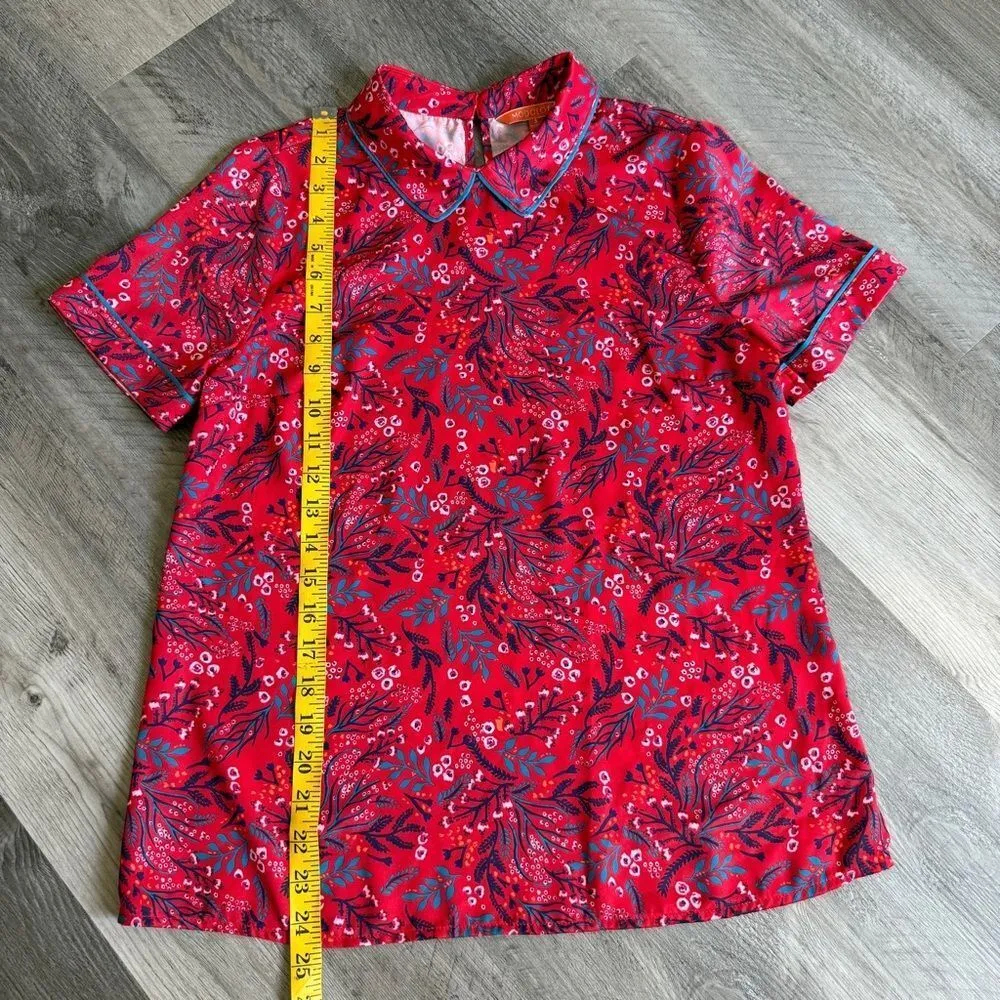 Modcloth Red Floral Collar Top Short Sleeve Small Keyhole Closure - Image 10