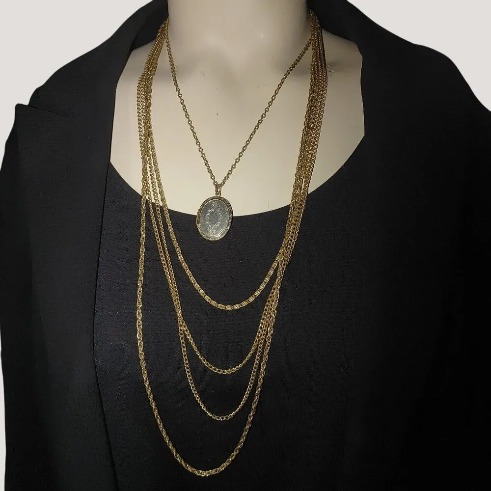 Multi Strand Necklace Oval Locket Pendant Unique Clasp Design Vintage Gold Tone - Image 11