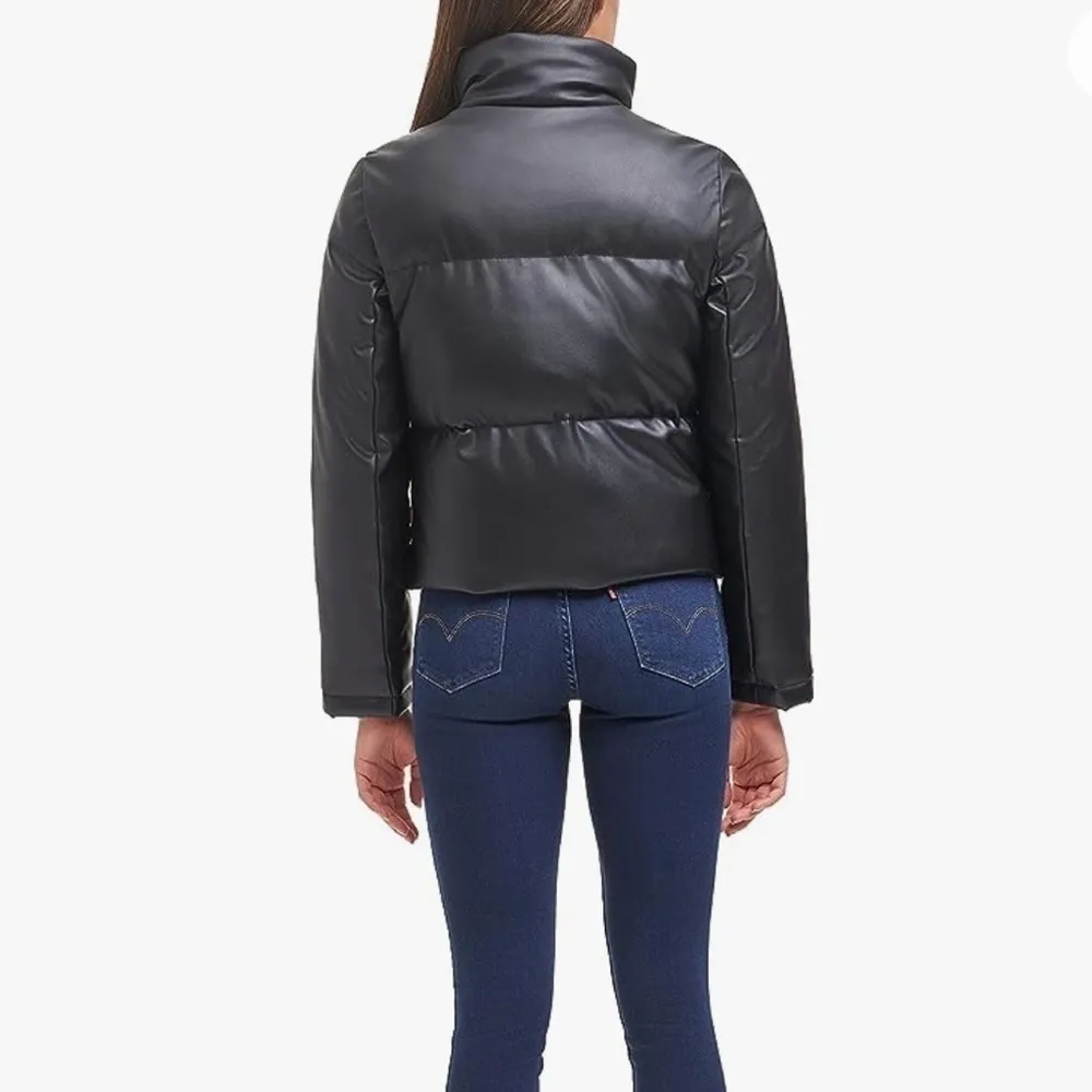 Levi's Black Faux Leather Puffer Jacket Stand Collar Zip Pockets Womens Small - Image 4