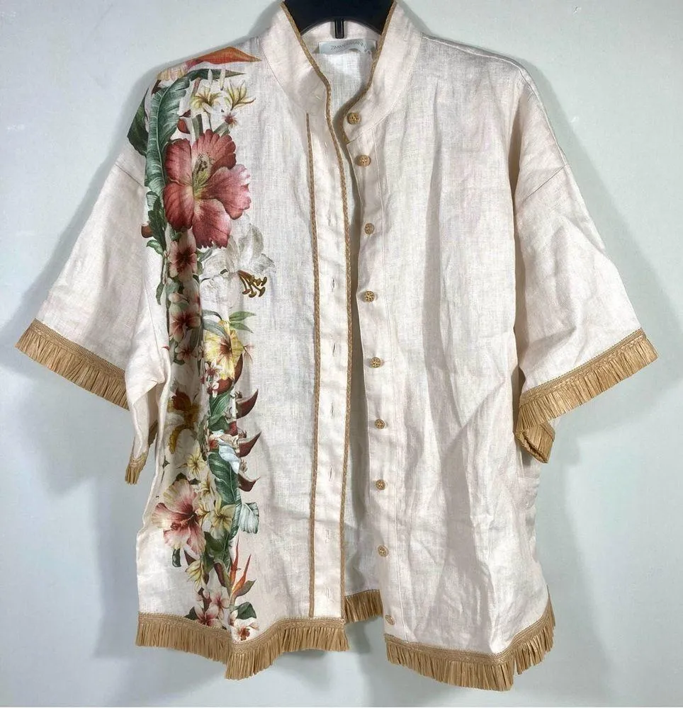 Zimmermann Lexi Tropical Floral Raffia Trim Button Up Shirt Ivory Palm 10 NWT - Image 9