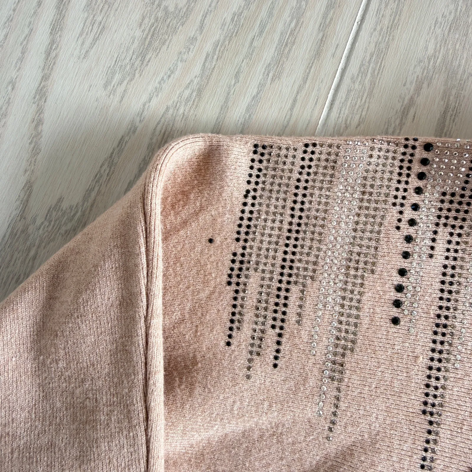 Sirenlily Petite Medium Beige Long Sleeve Rhinestone Jewel Neck Sweater Tan Size undefined - Image 3