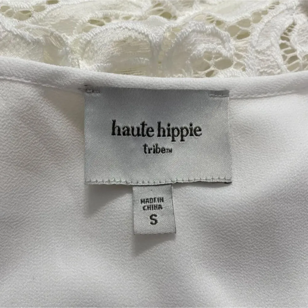 Haute Hippie Size Small  Top Blouse White Peasant Lace Keyhole - Image 5