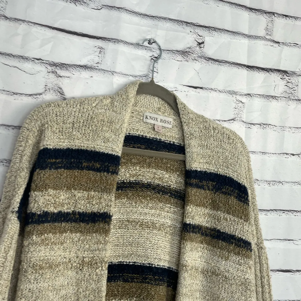 Knox Rose Striped Open Front Cardigan Women’s Small Beige Navy Pocket Sweater - Image 3