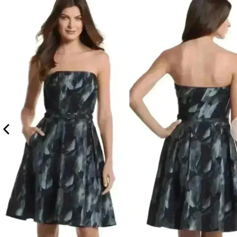 WHBM Strapless Jacquard Feather Print Fit Flare Dress Size 00 Party Special Occ - Image 5