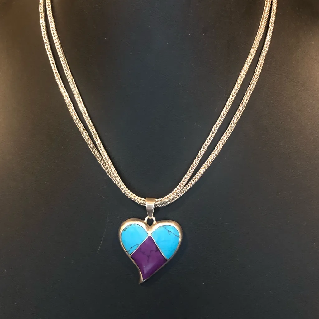 TAXCO Sterling Silver Inlaid Heart Pendant & LORI BONN 925 Double Chain Necklace Blue - Image 3