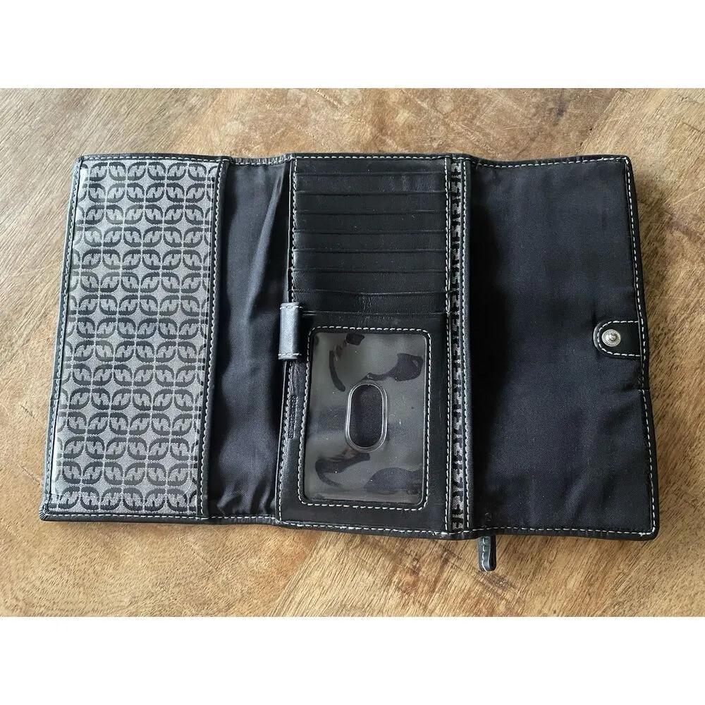 Fossil  Monogram Canvas Wallet Black Trim Zip Pocket Trifold - Image 3