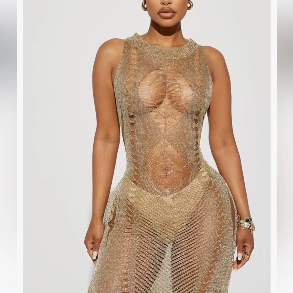 HOT & DELICIOUS BEACH COVERUP METALLIC MAXI DRESS M/L - Image 3