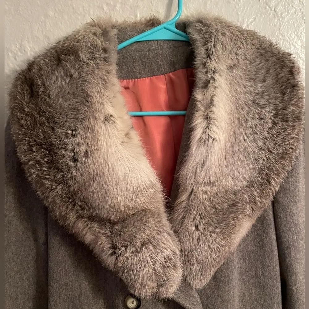 Vintage 1970s Sears Wool Peacoat Rabbit Fur Trim Collar Women's Gray/Tan;size L Gray Size L - Image 4