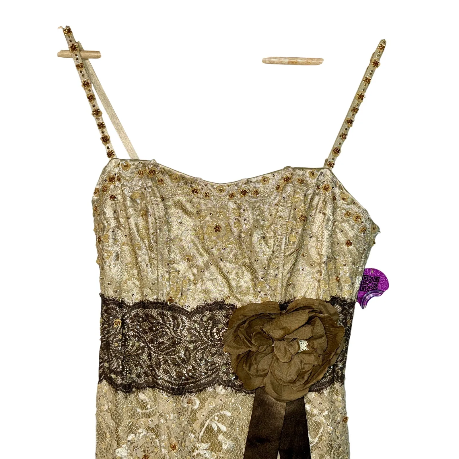 NWT Mandalay Champagne Gold Lace Beaded Sequin Long Mermaid Evening Gown Size 8 - Image 2