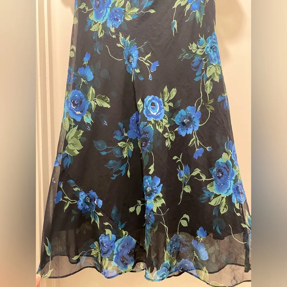 VTG 90s American Angel II Black & Blue Sequin Beaded Floral Midi/Maxi Dress Size 16 - Image 10