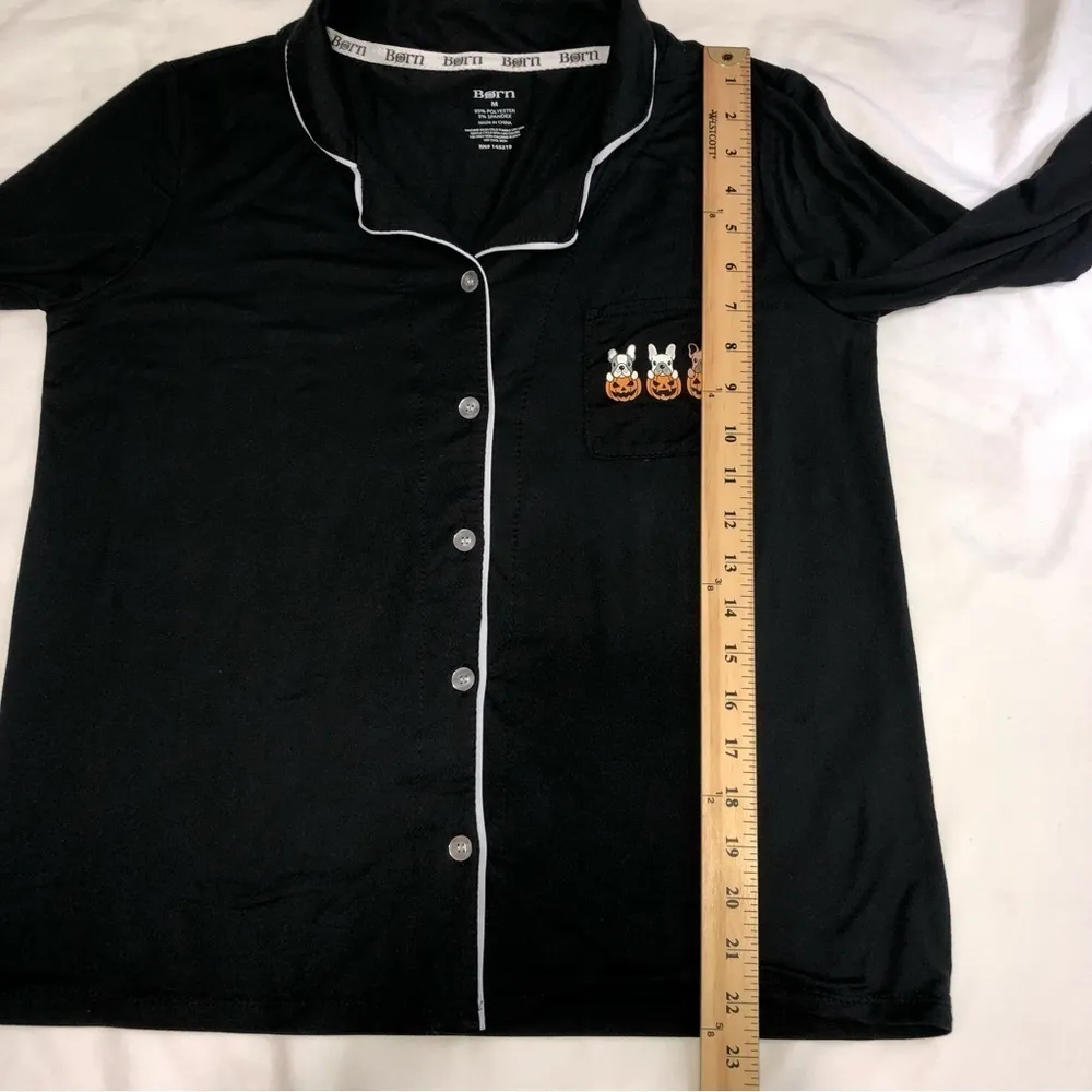 Size M Pajama Top French Bulldogs Pumpkins Black Button Front Halloween Size M - Image 5