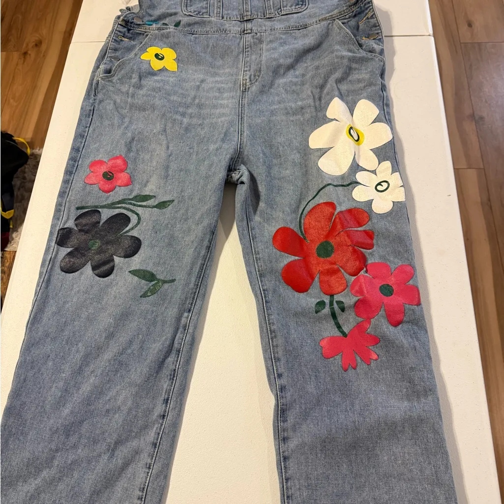 Artistic BOHO Floral Retro Painted Unique Denim XL Colorful Unbranded Overalls Blue - Image 3