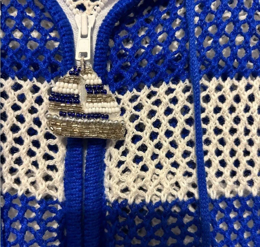 Quaker factory blue and white striped open knit hoodie cardigan size large - Image 3