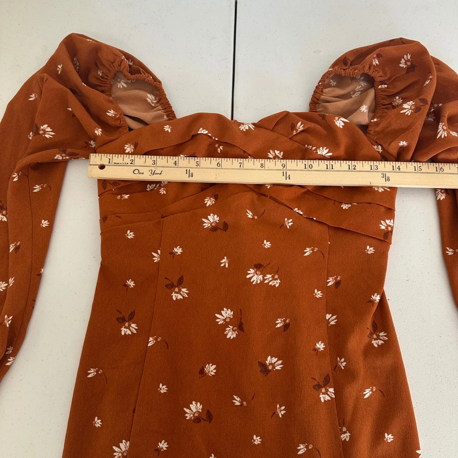 Abercrombie Fitch Rust Brown Floral Sweetheart Neck Puff Sleeve MiniDress Small - Image 12