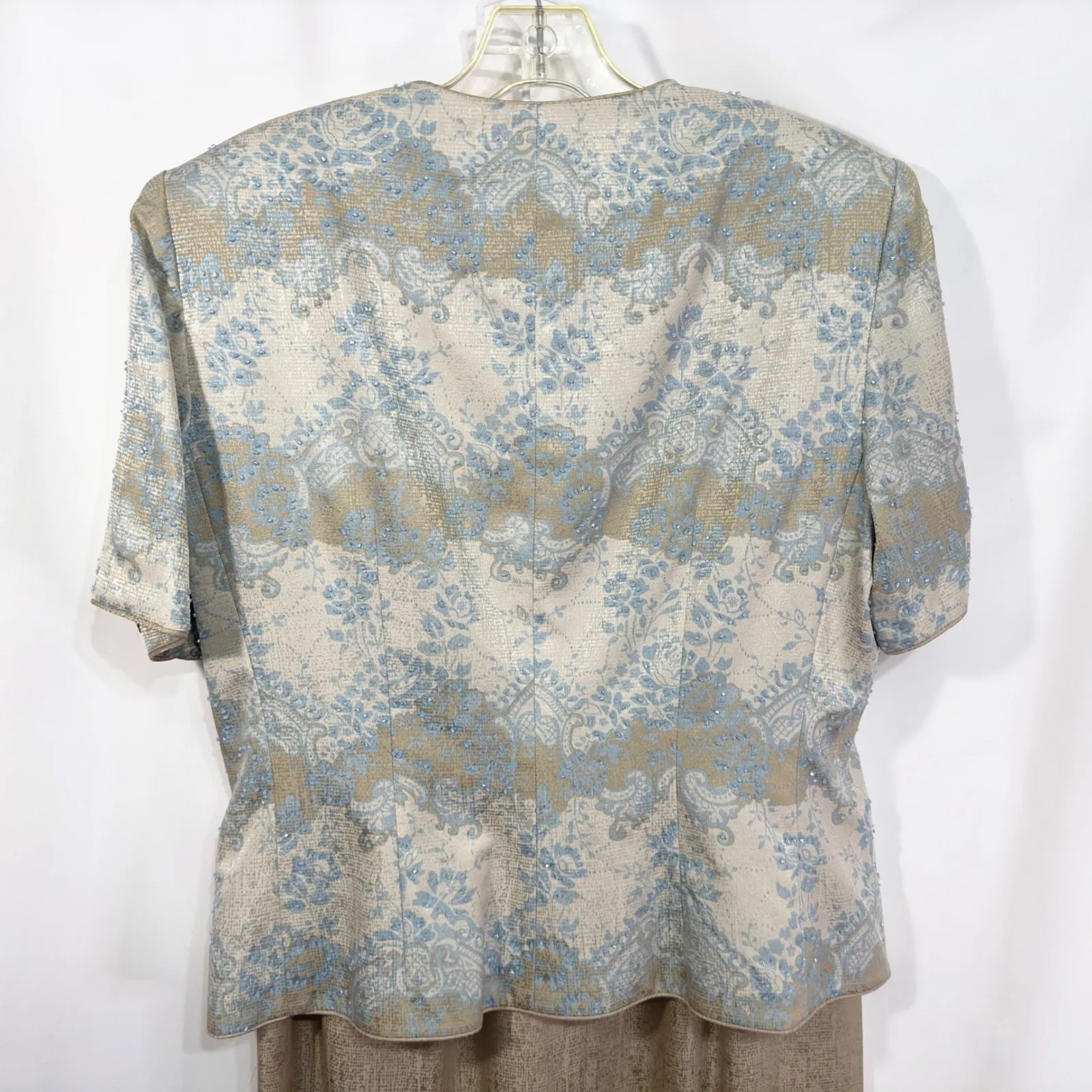Adrianna‎ Papell Size 12 Silk Skirt Suit Set Button Front Beaded Blue Tan 118 - Image 9