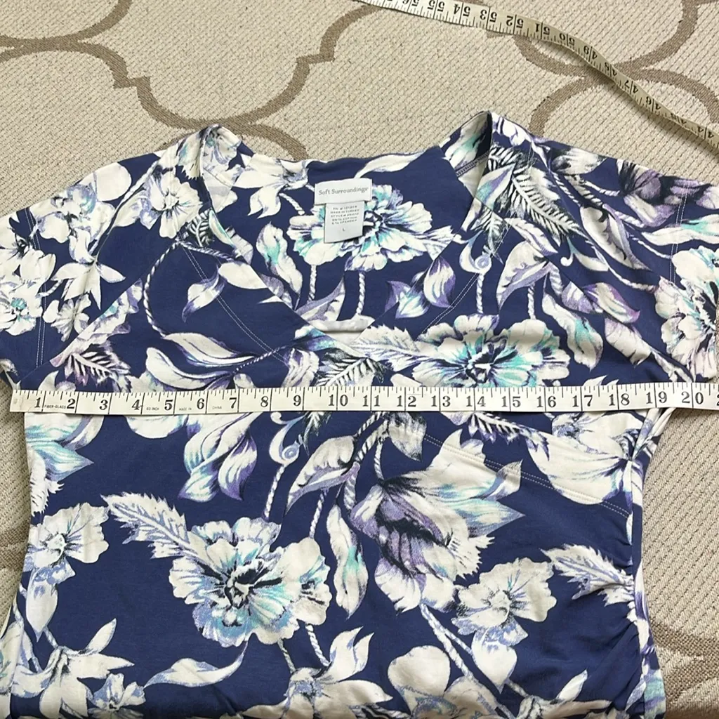 Soft Surroundings Dress Anywhere Shapely Blue Floral Faux Wrap Midi, size large - Image 3