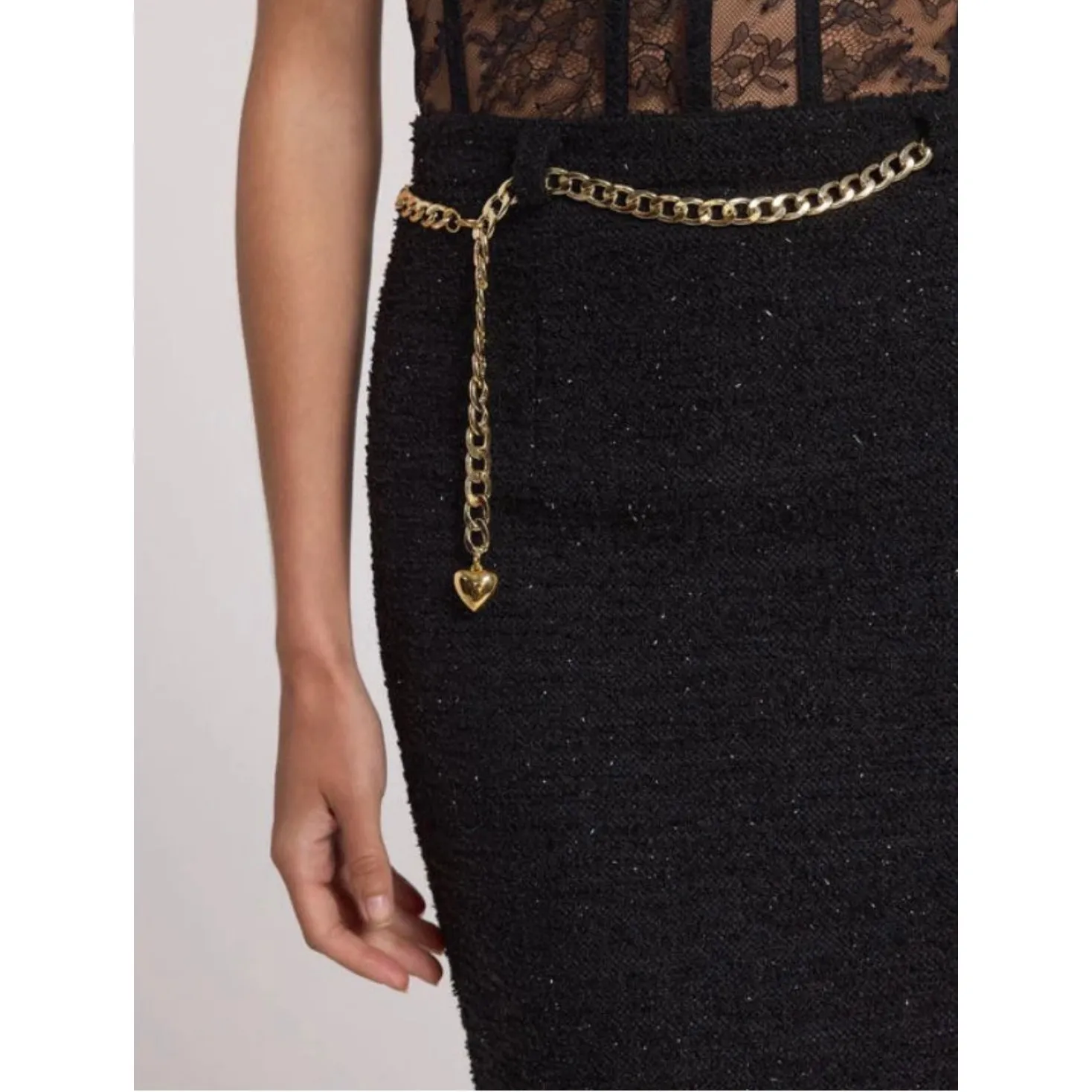 Generation Love Kiva Tweed  Chain Belt Midi Skirt Womens 2/XS Black - Image 2