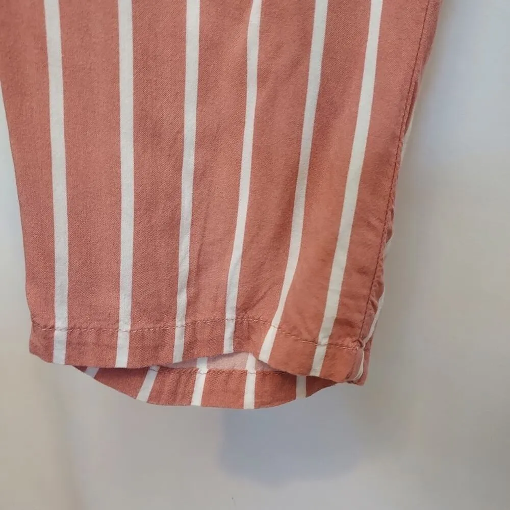 Papaya Pink White Stripe Paper Bag Waist Drawstring Ties Wide Straight Leg Pants - Image 9