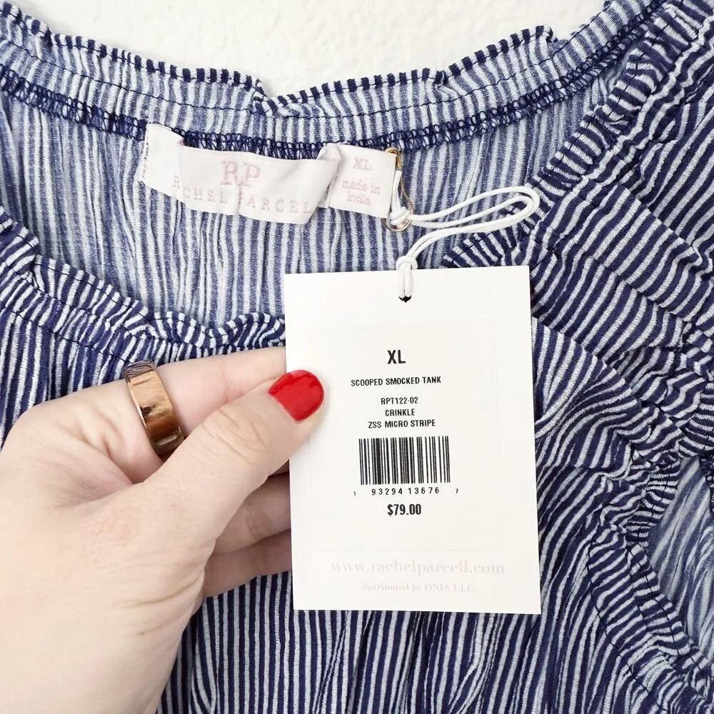 [Rachel Parcell] Scoop Neck Smocked Blue Striped Crinkle Tank Top NWT Size XL - Image 10