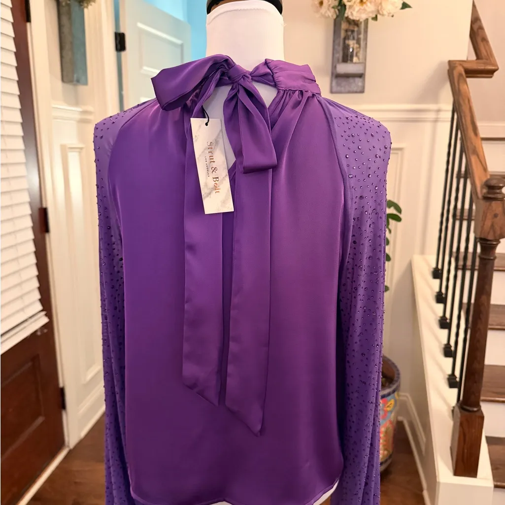 Strut & Bolt NWT Purple Crystal Embellished Semi Sheer Sleeves & Tie Neck Back - Image 6