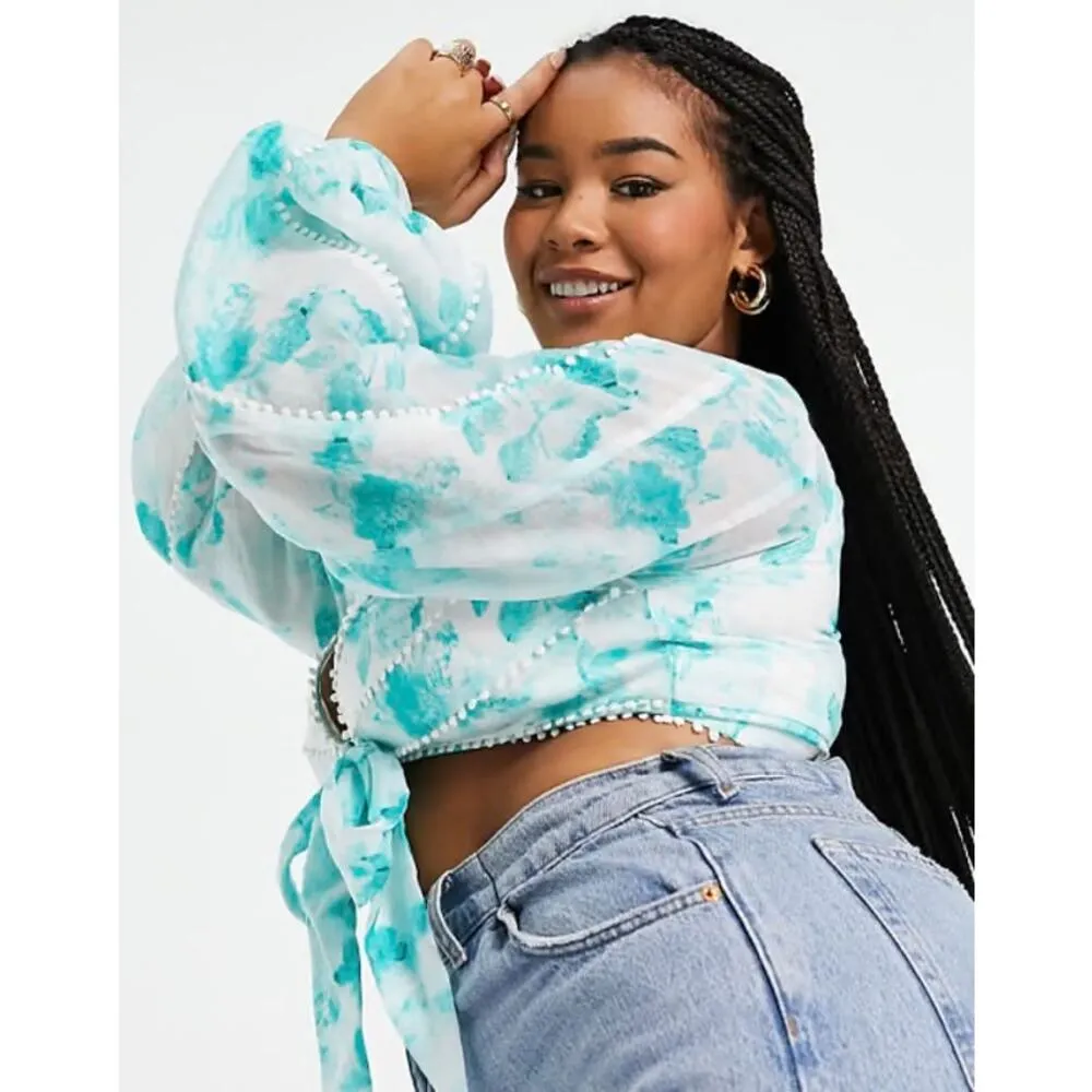 ASOS Blue Floral Tie Dye Print Tie Front Long Puff Sleeve Crop Blouse Top Sz 14 - Image 2