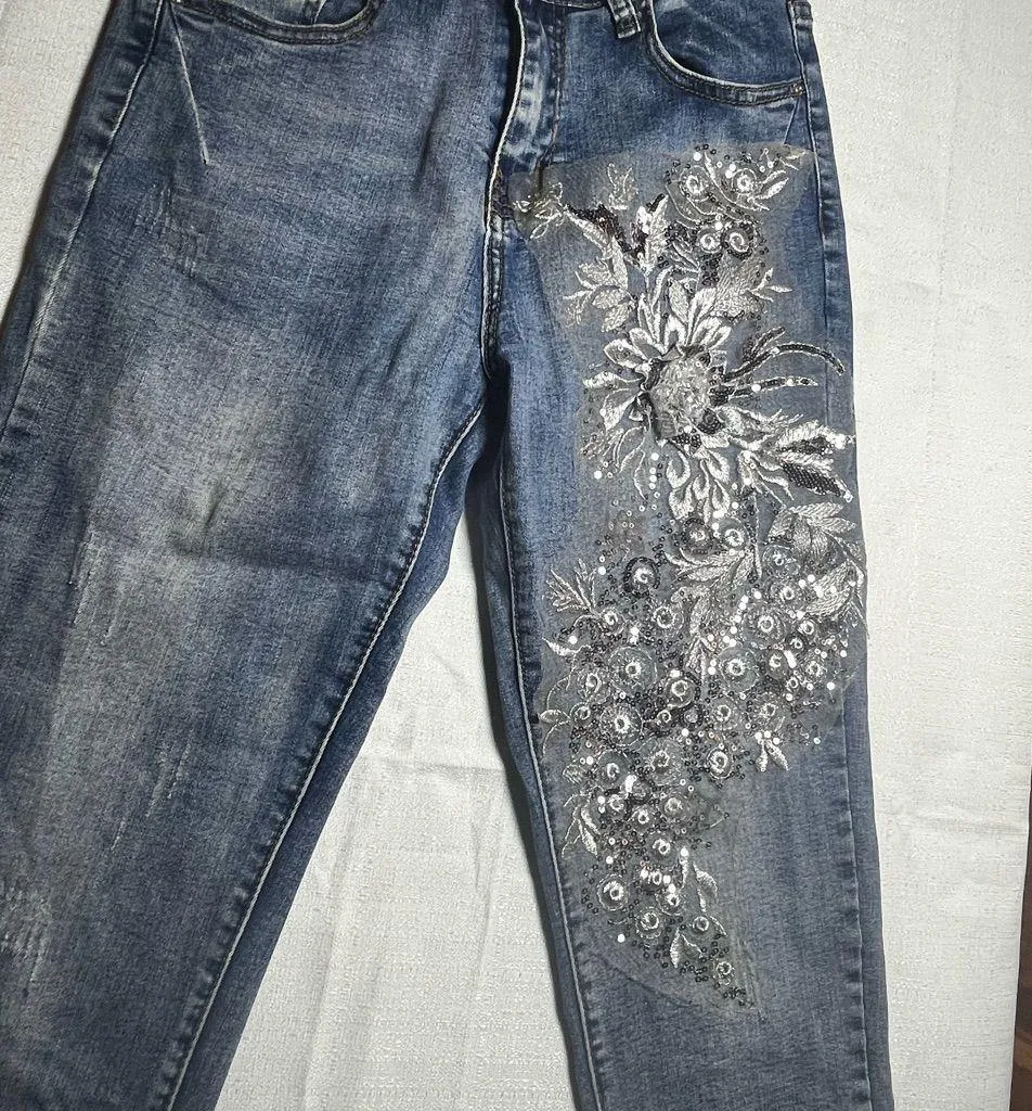 Y2K Blue Skinny Jeans with Intricate Floral Embroidery Size undefined - Image 7