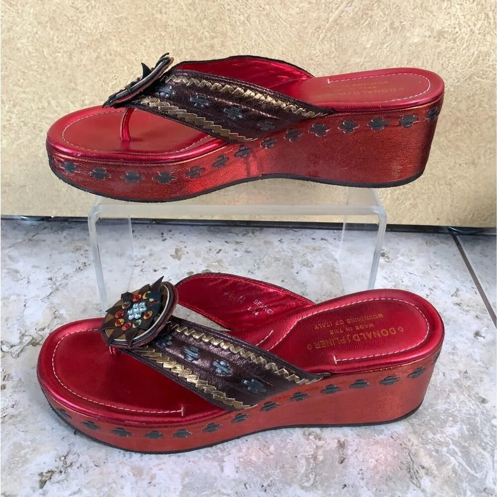Donald Pliner Couture Peace Metallic Leather Shoe NIB 8.5 Wedge Thong $345 New Orange - Image 7