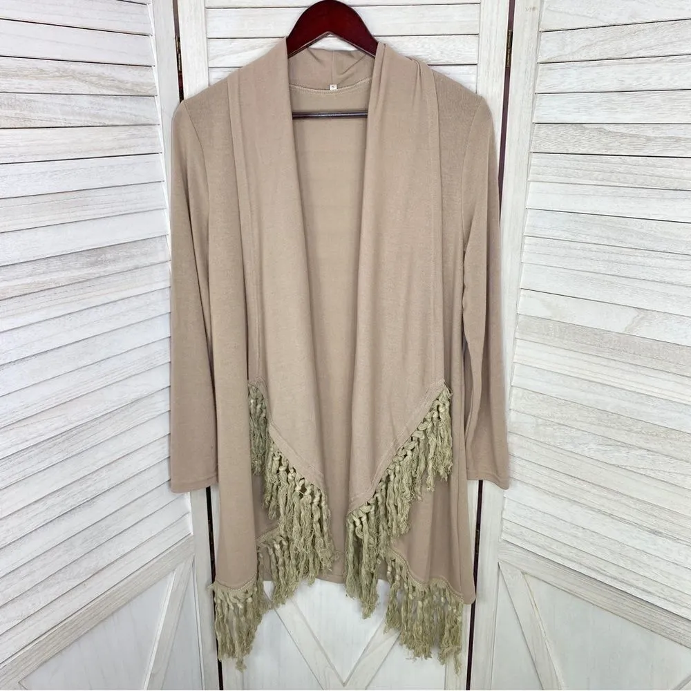 Boho Fringe Hem Waterfall Cardigan Knit Khaki Tan Small Open Front Long Sleeve - Image 7