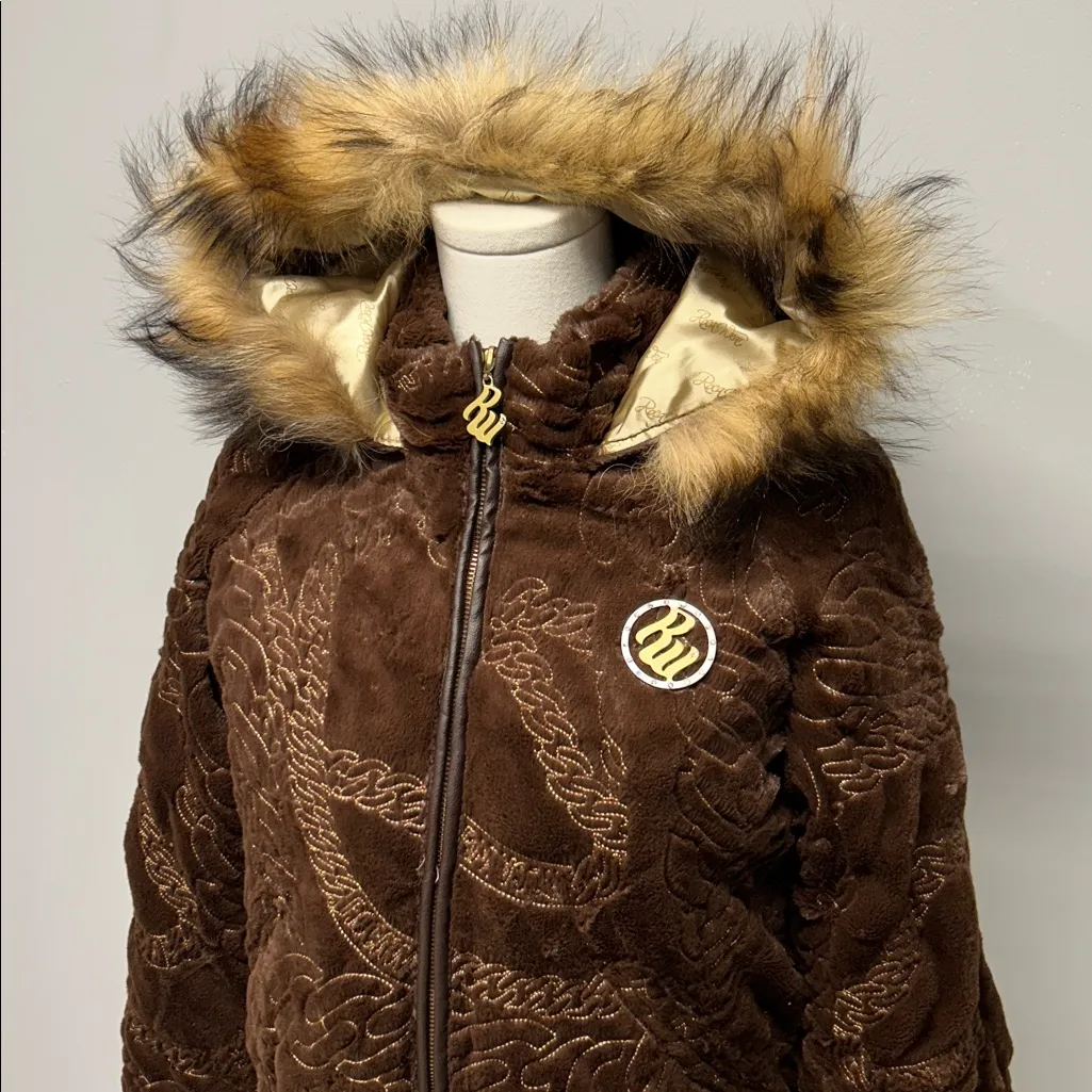 Rocawear Y2K Brown Puffer Jacket Down Fill Fur Hood 2000s Streetwear Size Small - Image 2