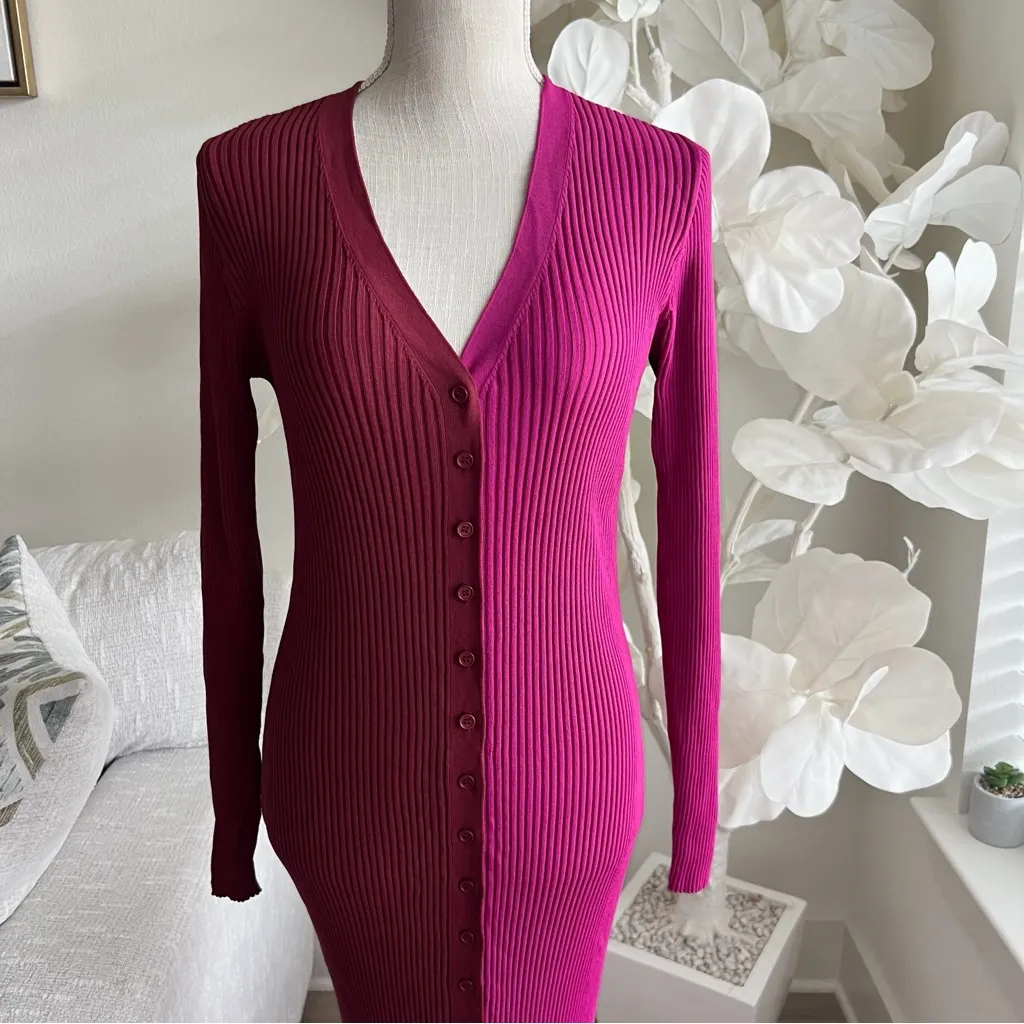 STAUD Two-Tone Shoko Colorblock Rib Knit Long Sleeve Midi Dress - Image 3