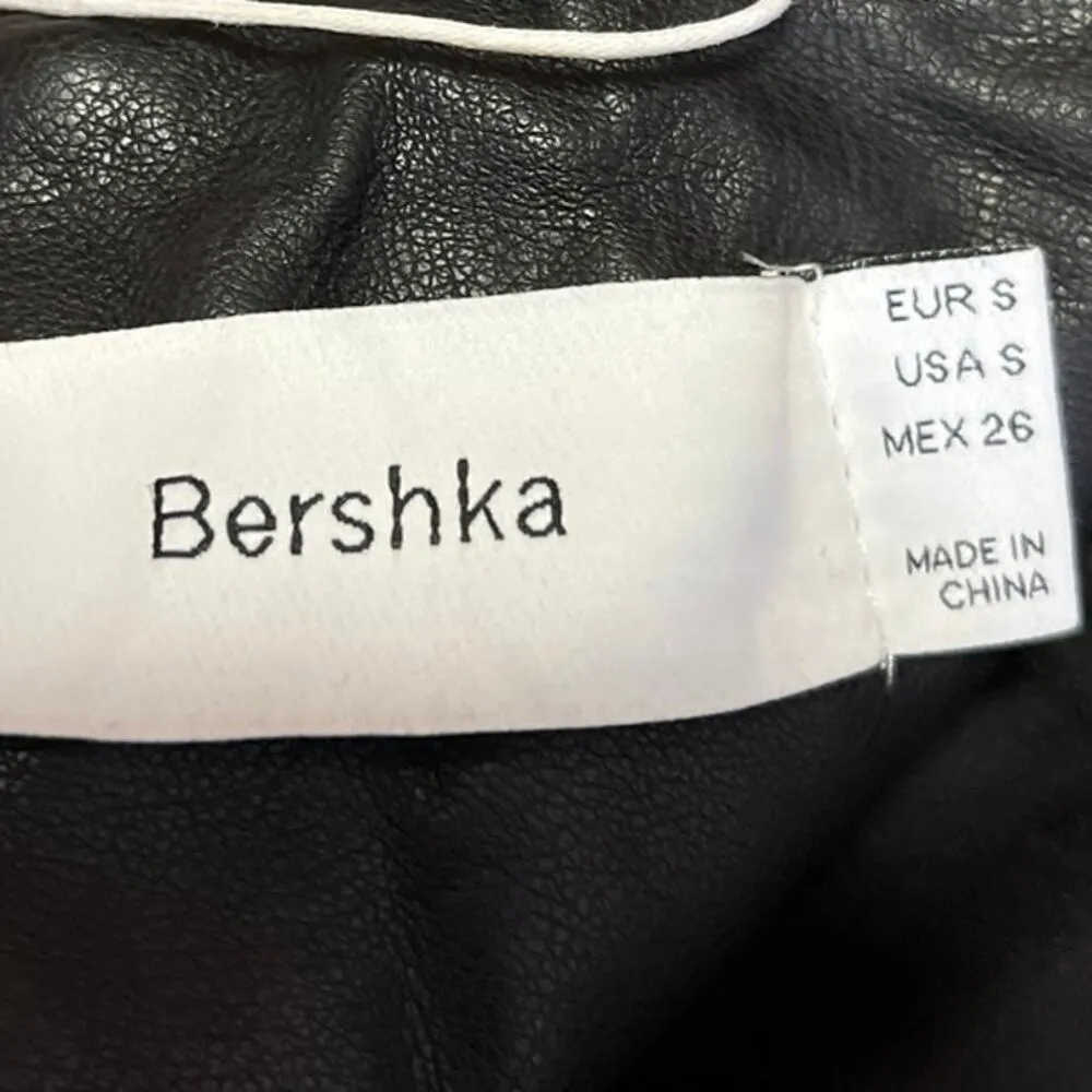 Bershka Women's Black Vegan Faux Leather Zip Up Notch Collar Moto Coat Jacket S - Image 3