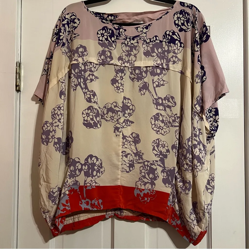 #180 DIANE VON FURSTENBERG LANDY SILK FLORAL COLORBLOCK BLOUSE TOP SIZE LARGE - Image 2