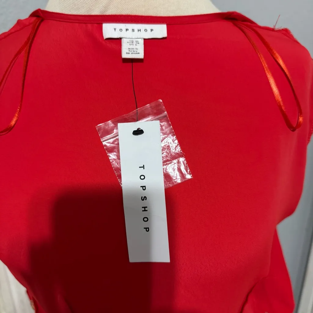 Topshop Women Vibrant Red Long Sleeve V-Neck Cocktail Wrap Dress Size 6 - Image 11