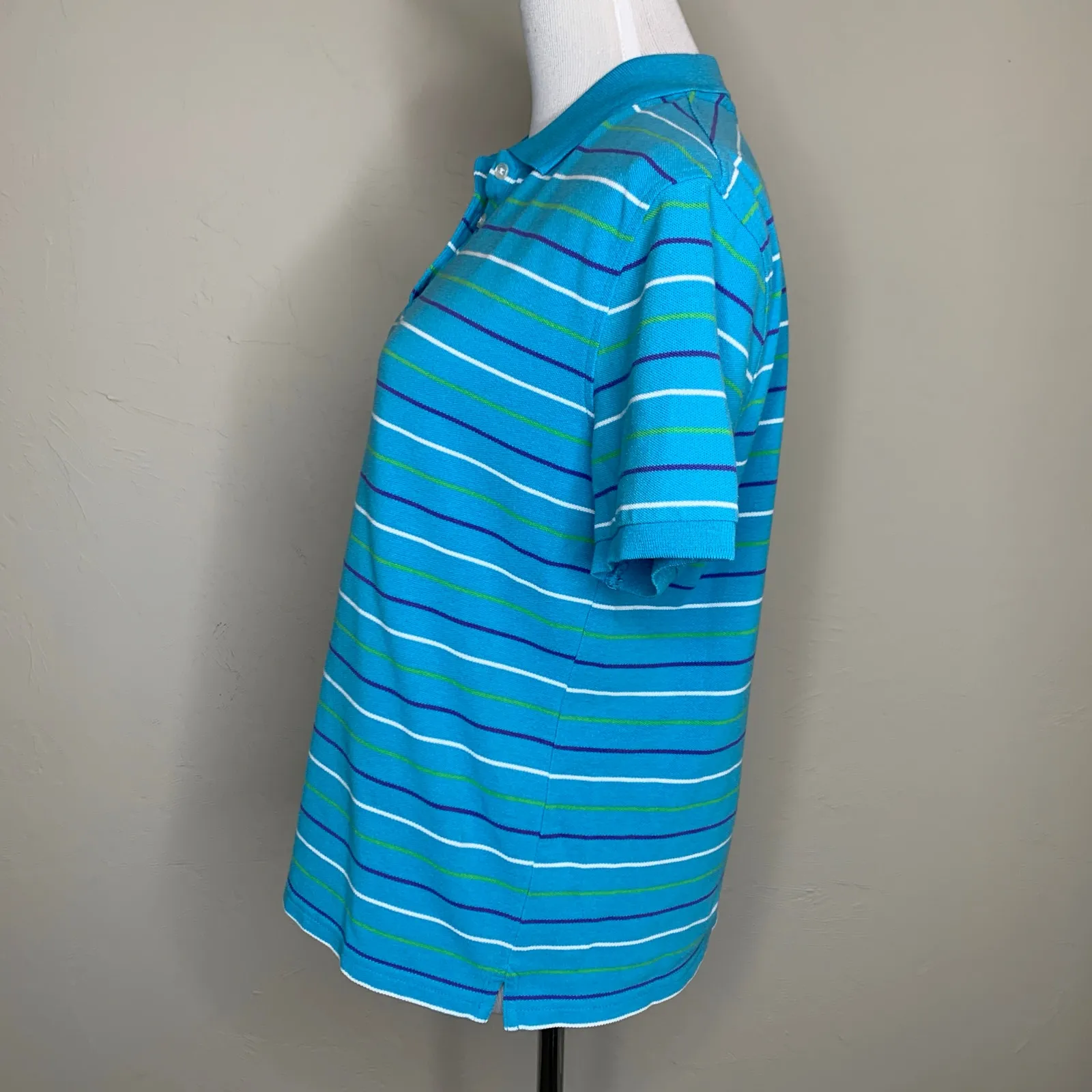 90s Turquoise Stripe Crop Polo Shirt Large Blue Size M - Image 3