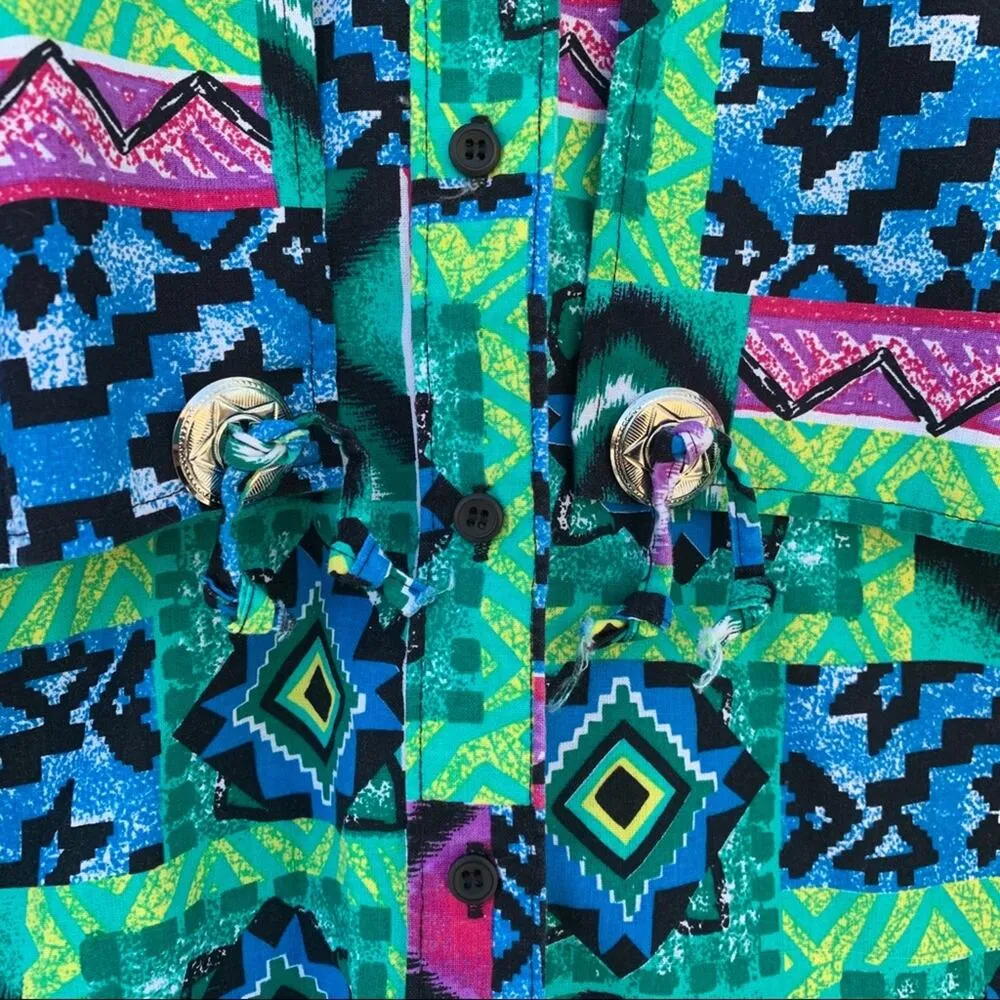 Vintage 80s 90s neon abstract geometric western cowgirl shirt MEDIUM Green - Image 5