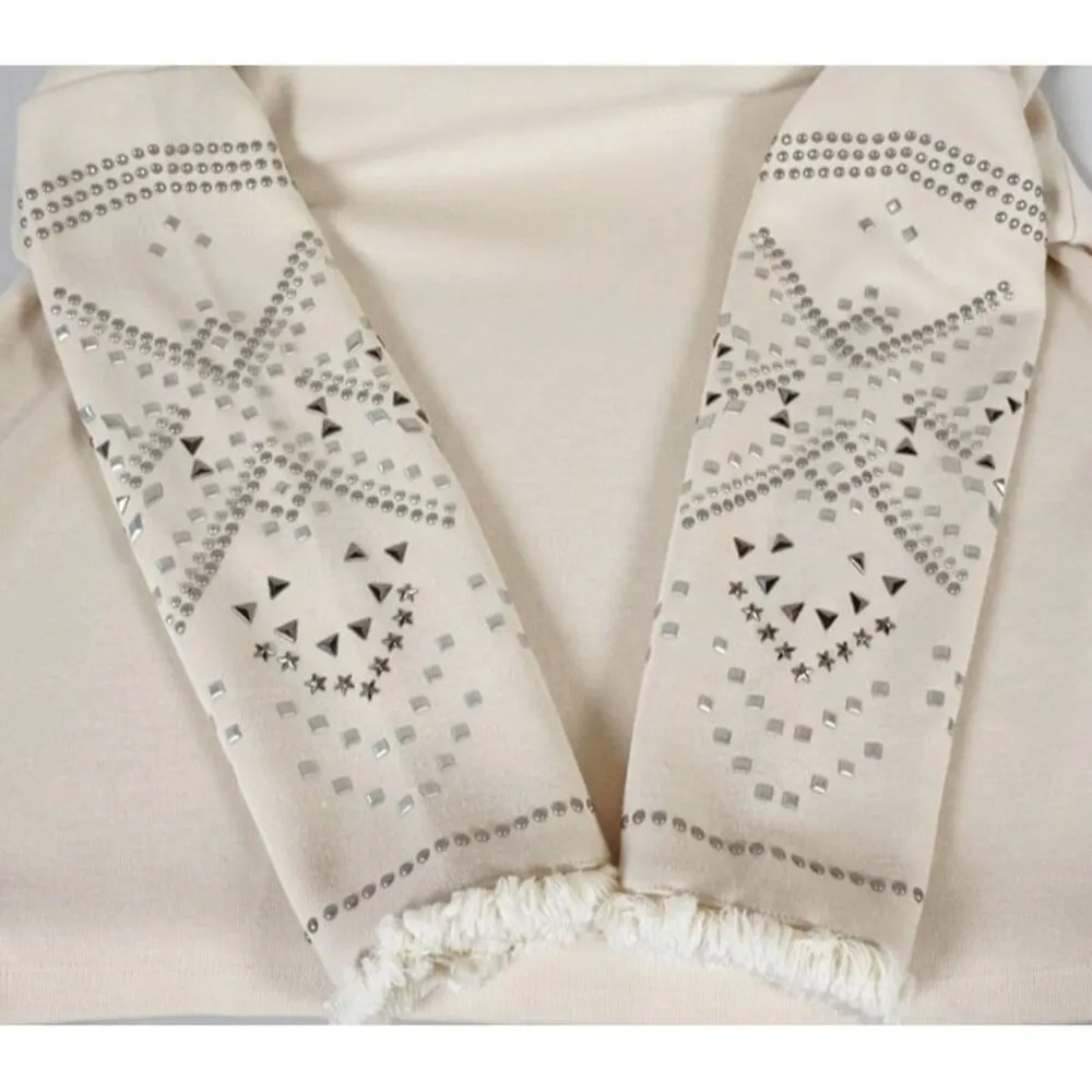 NANETTE LEPORE Fringe Trim Studded Sleeves Pullover Sweater Size Large Natural - Image 9