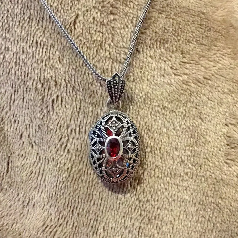 Red Garnet Marcasite Locket Sterling Silver Filigree Design - Image 4