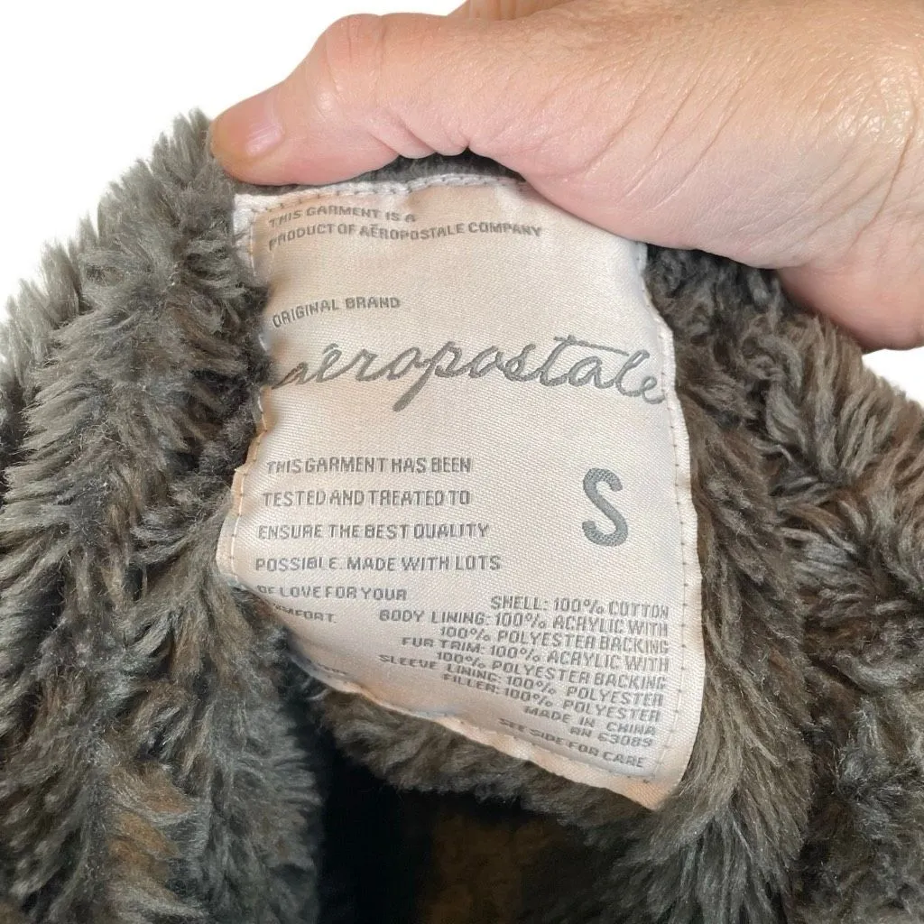 Aeropostale Y2K Utility Jacket Womens S Faux Fur Lined Hood Military Bomber Gray - Image 12