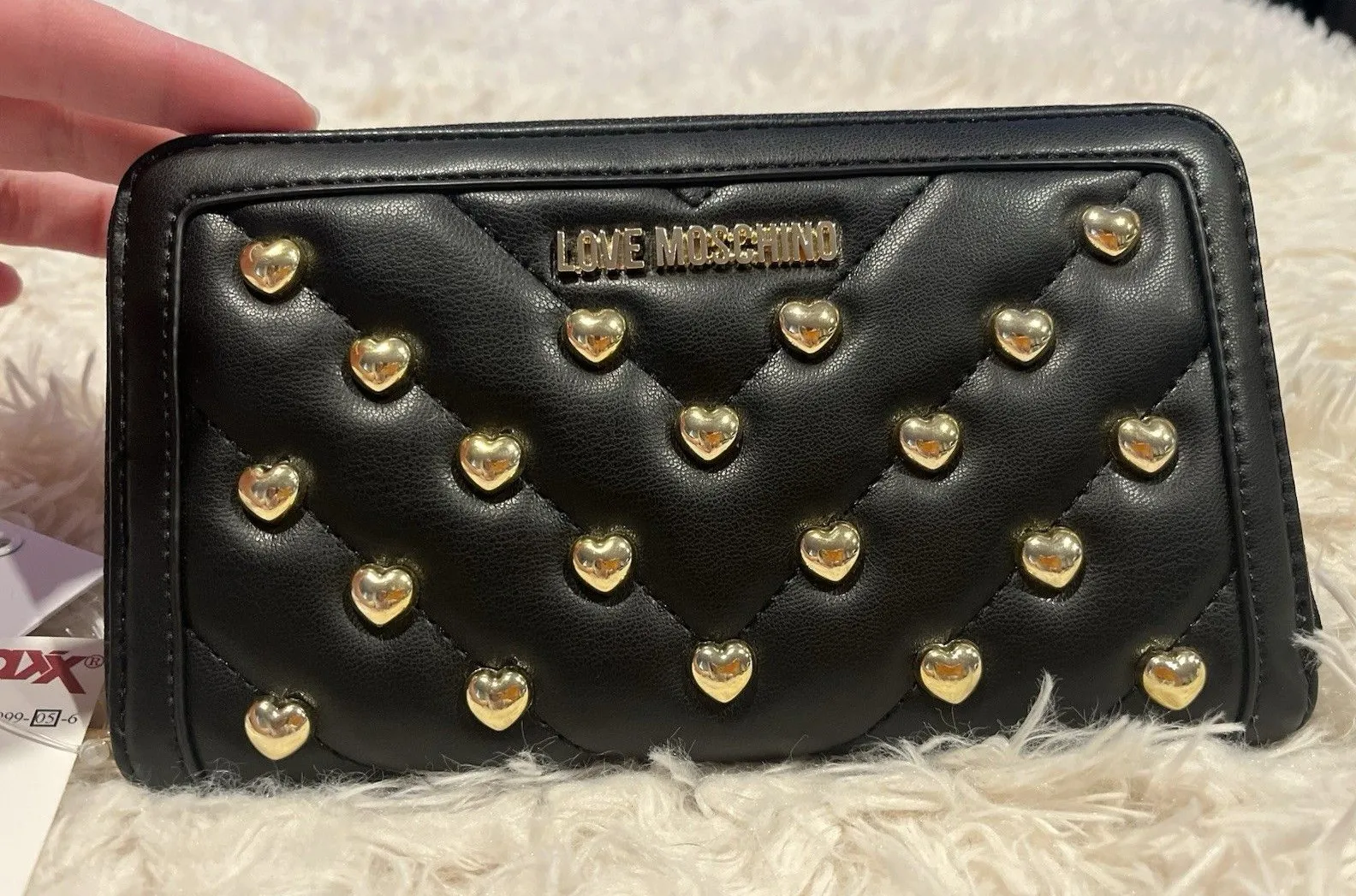 LOVE MOSCHINO Black Vegan Leather Gold Heart Studded Full Zip Wallet Red Inside - Image 1