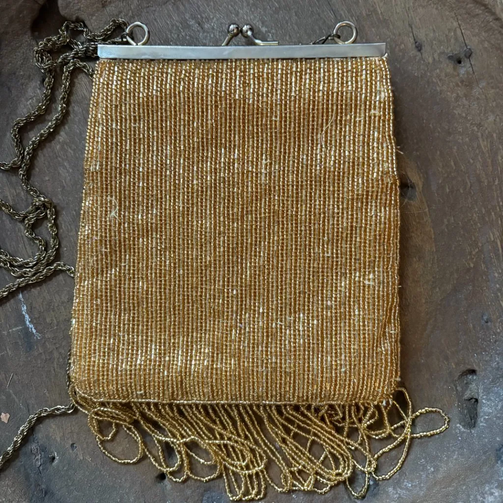 Vtg Lillie Rubin gold beaded fringed evening bag coquette wedding party purse - Image 5