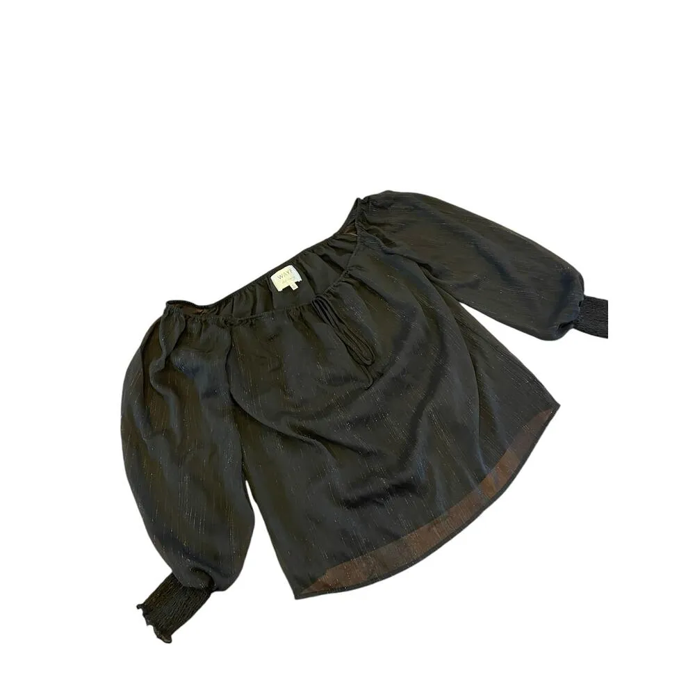 WAYF x BFF Sarah Silver Metallic & Black Off the Shoulder Top Sheer Long Sleeves - Image 11