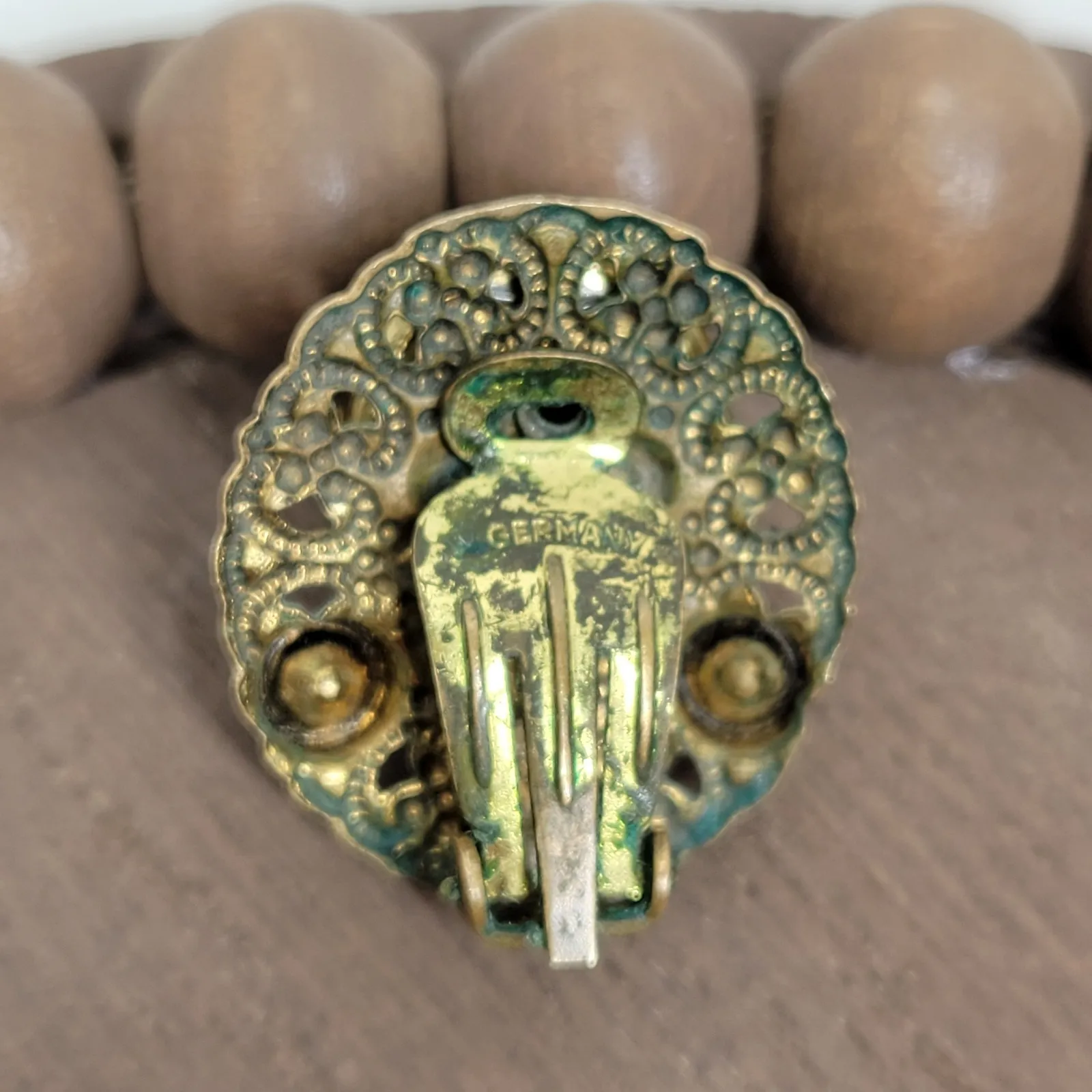 Vintage Clip On Earrings West German Porphyry Glass Pearl Rhinestone Gold Tone Brown - Image 3