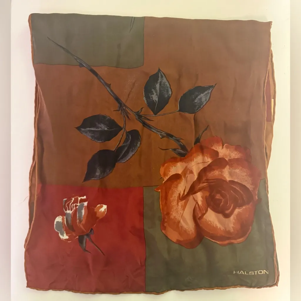 Halston Silk Scarf Vintage 1980’s Abstract Patchwork Floral Print Italy Red - Image 1