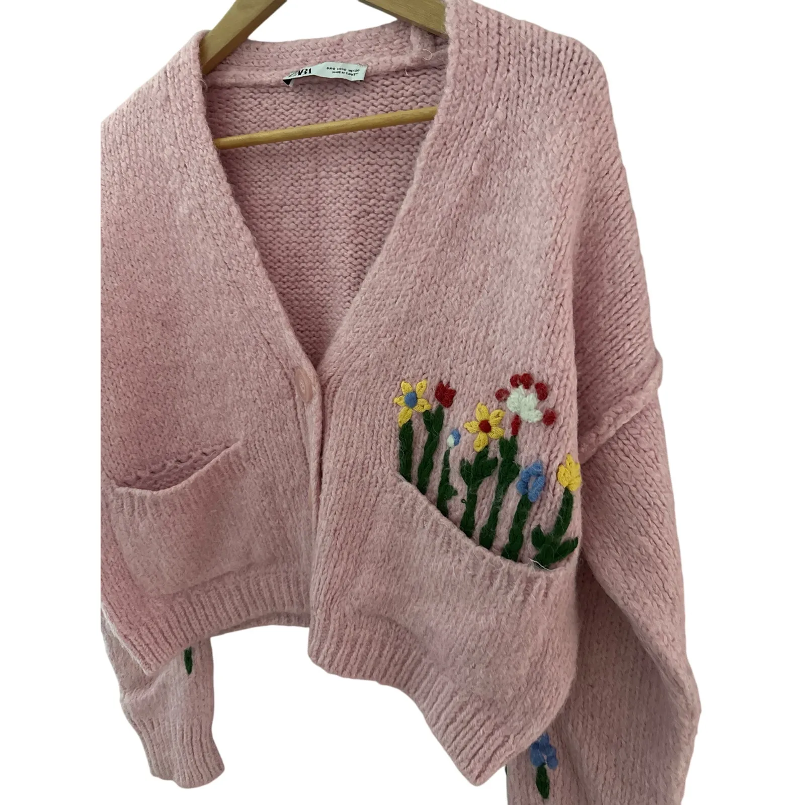 Zara Embroidered Jacquard‎ Knit Oversized Sweater Cardigan Pink Size Small - Image 6