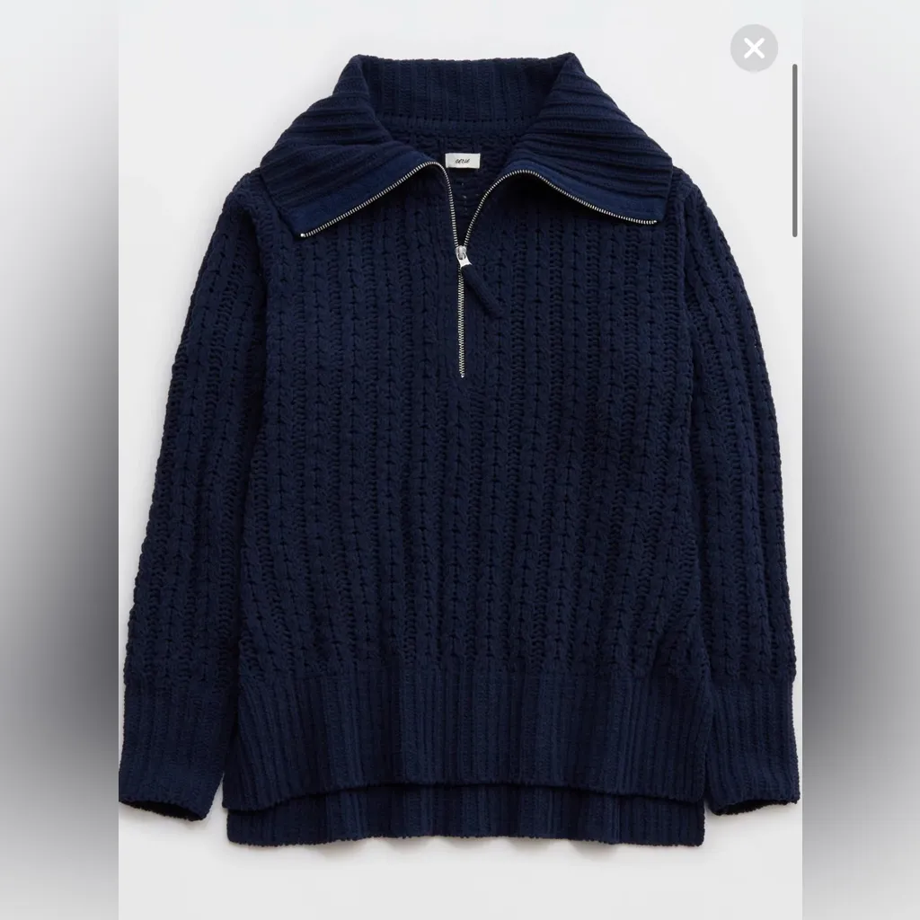 Aerie Cable Car ¼ Zip Sweater Navy Blue Oversized Knit Pullover Size XS NWOT - Image 5